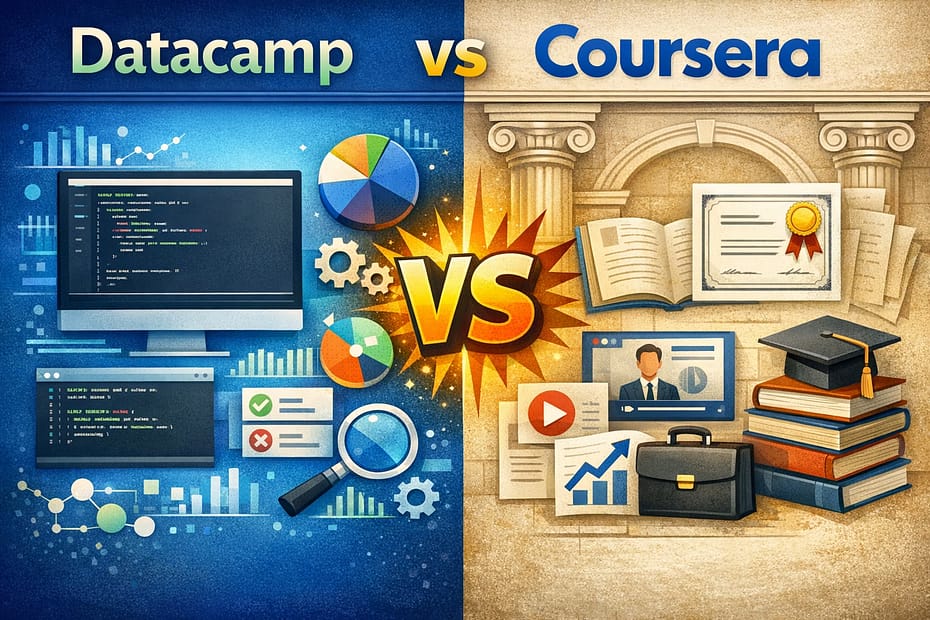Data science learning paths on Coursera and DataCamp side by side