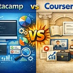 Data science learning paths on Coursera and DataCamp side by side